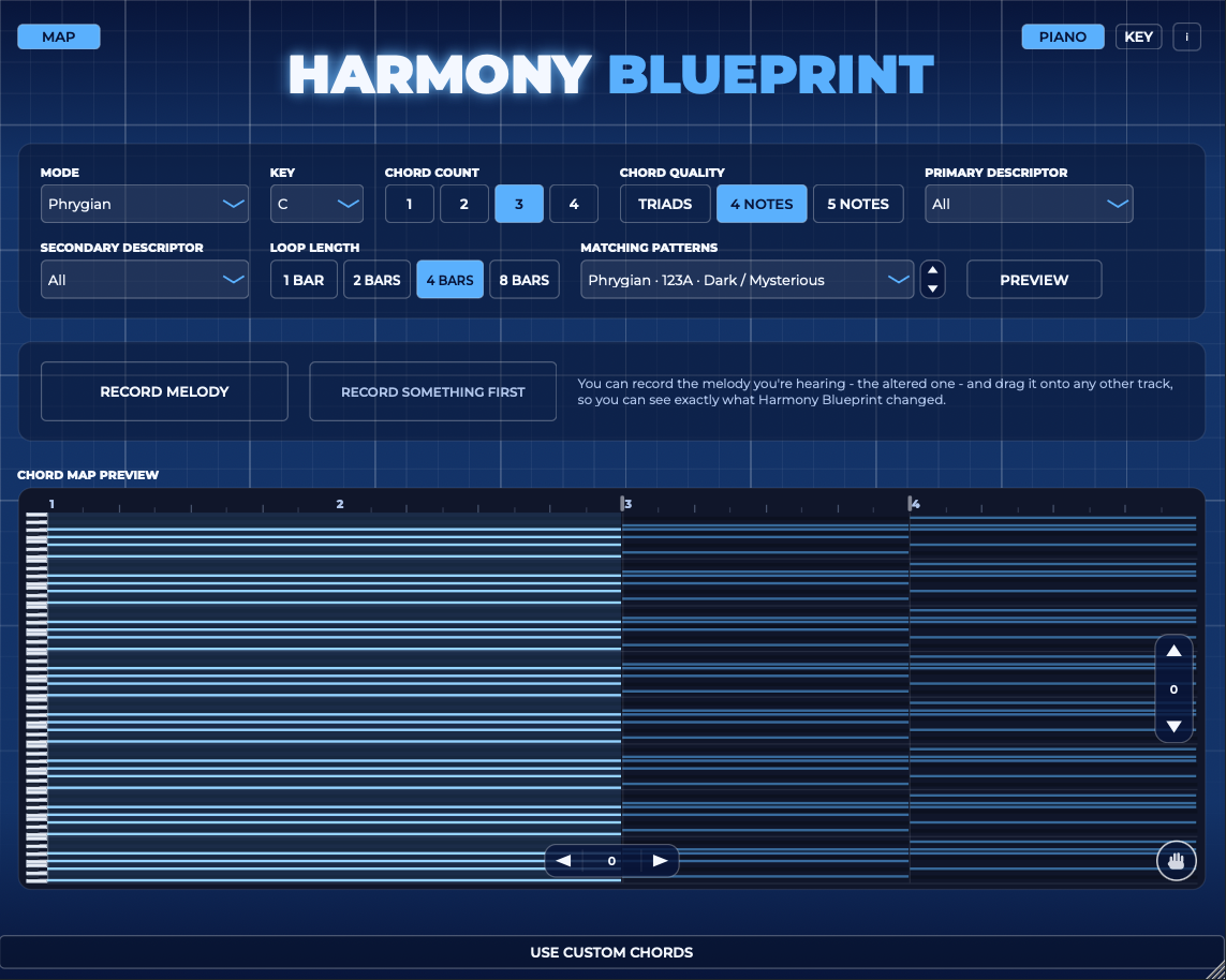 Harmony Blueprint interface showing mode, key, and chord pattern controls with a live chord map preview