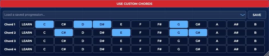 Build Your Own Chords panel showing four custom chord slots with selectable notes