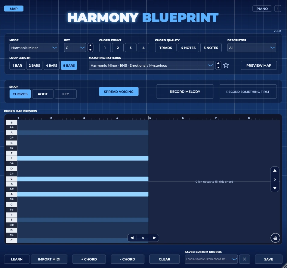 Harmony Blueprint v1.3 chord map with an empty second chord reading 'Click notes to fill this chord', plus Learn, Import MIDI, add chord, remove chord, clear and save custom chords controls