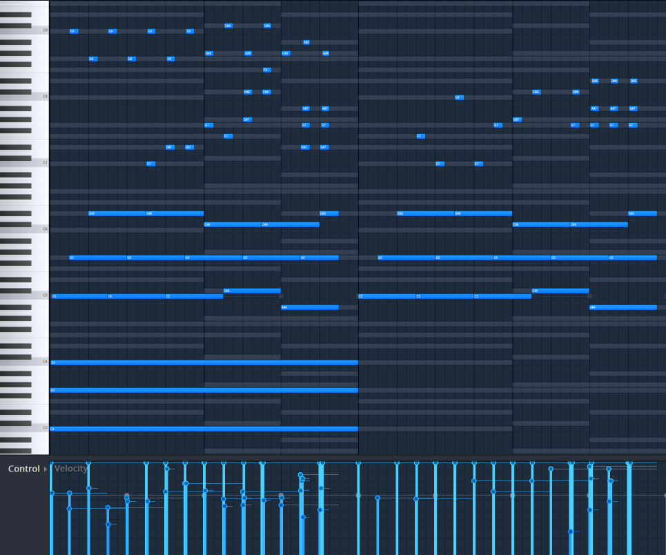 Piano roll showing the same chord voicing repeated identically across every octave, from bass to lead