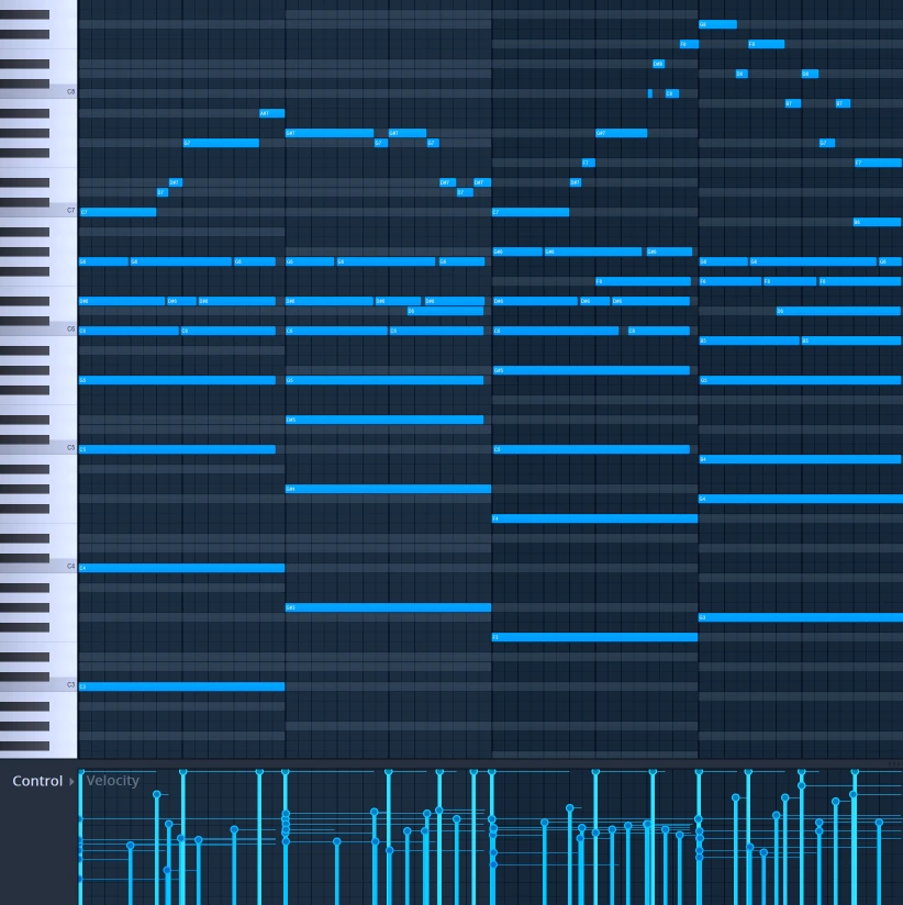 Piano roll showing a four-bar chord progression with each chord voiced across every octave of the keyboard, from bass to lead